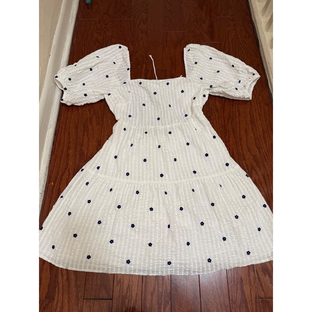 Rails White Seersucker Floral Embroidered Puff Sleeve Tiered Mini Dress Medium